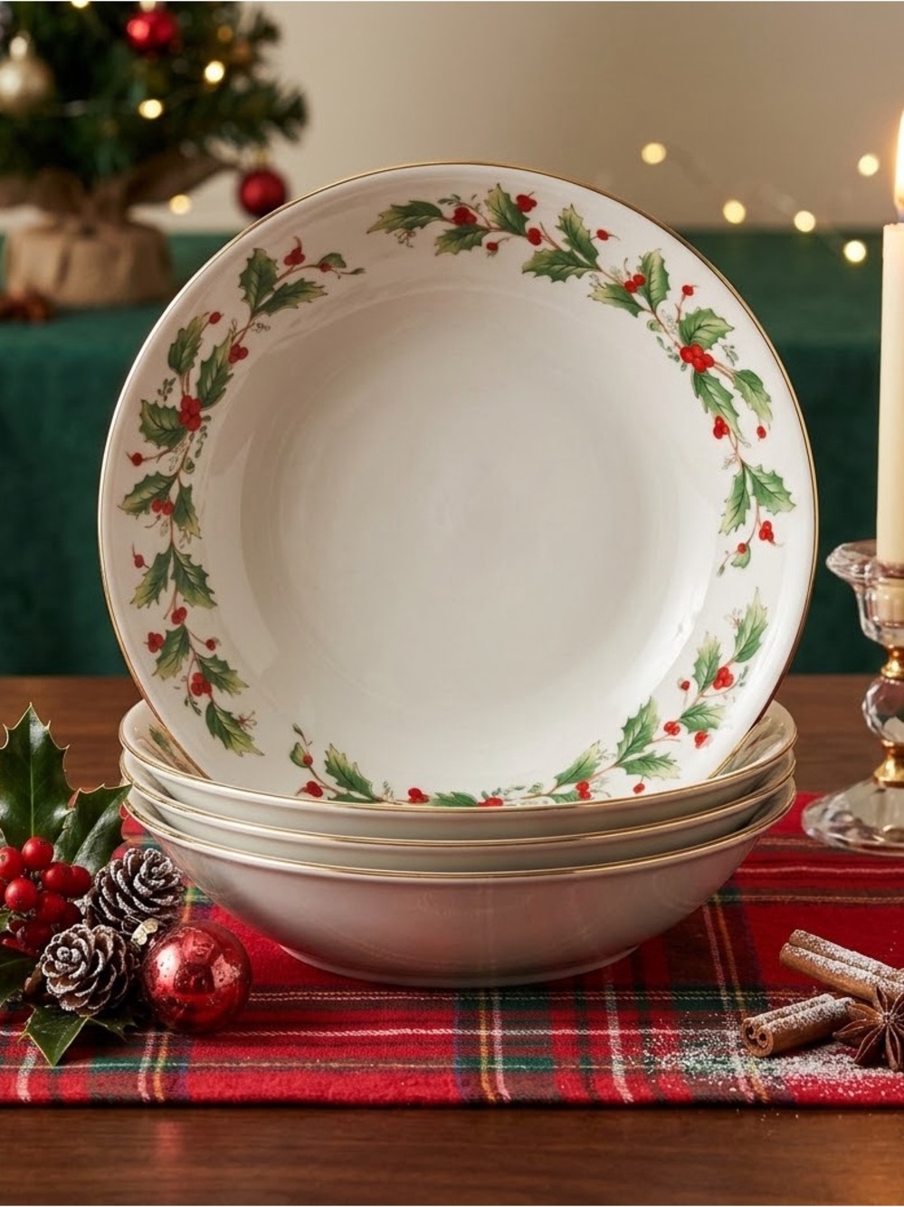 Set of 3 China Pearl "Noel" Pattern Soup Bowls